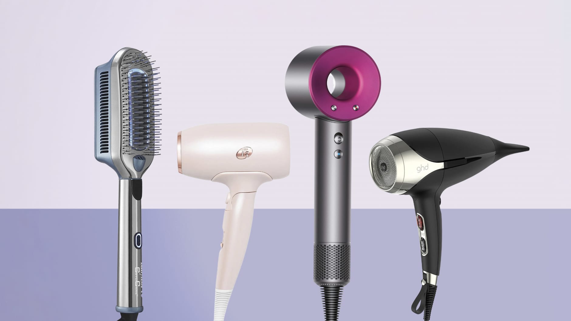 The T3 Afar, Dyson Supersonic and GHD Helios 1875 hairdryers on a purple background.