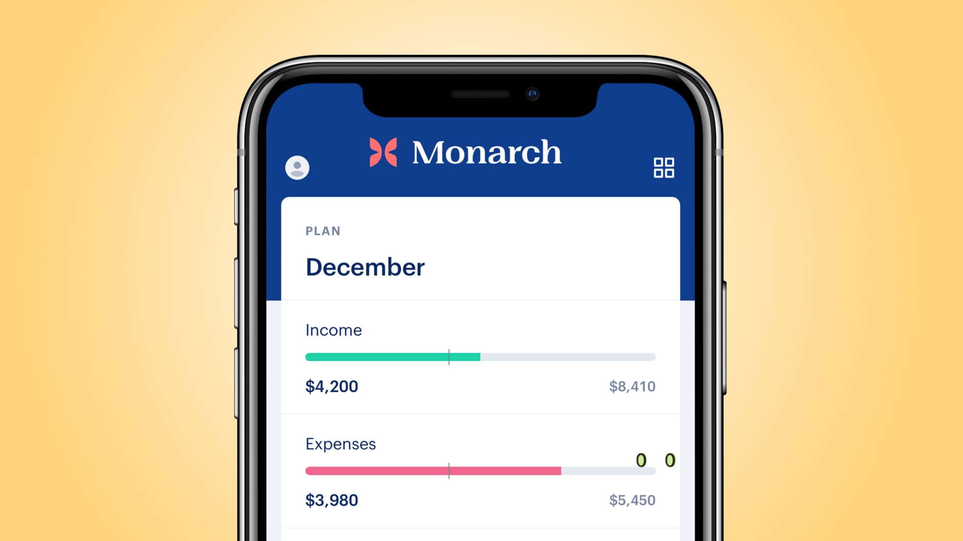 An iPhone displaying the Monarch Money budgeting app on a yellow background.