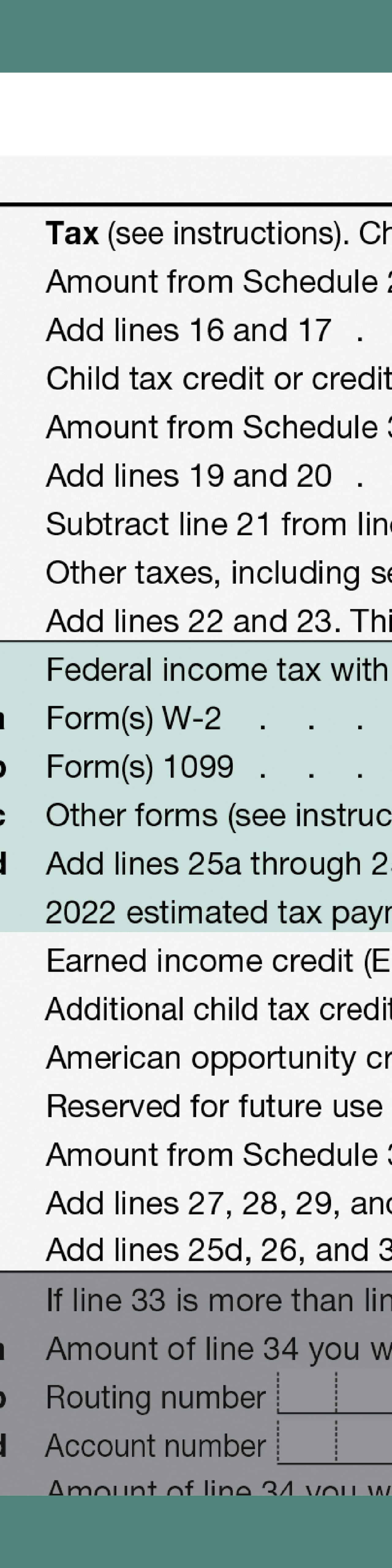 Taxes and credits, payments.