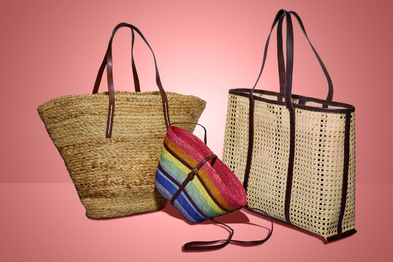 Sequin Colorful Straw Bag With Leather Handles, French Basket Bag
