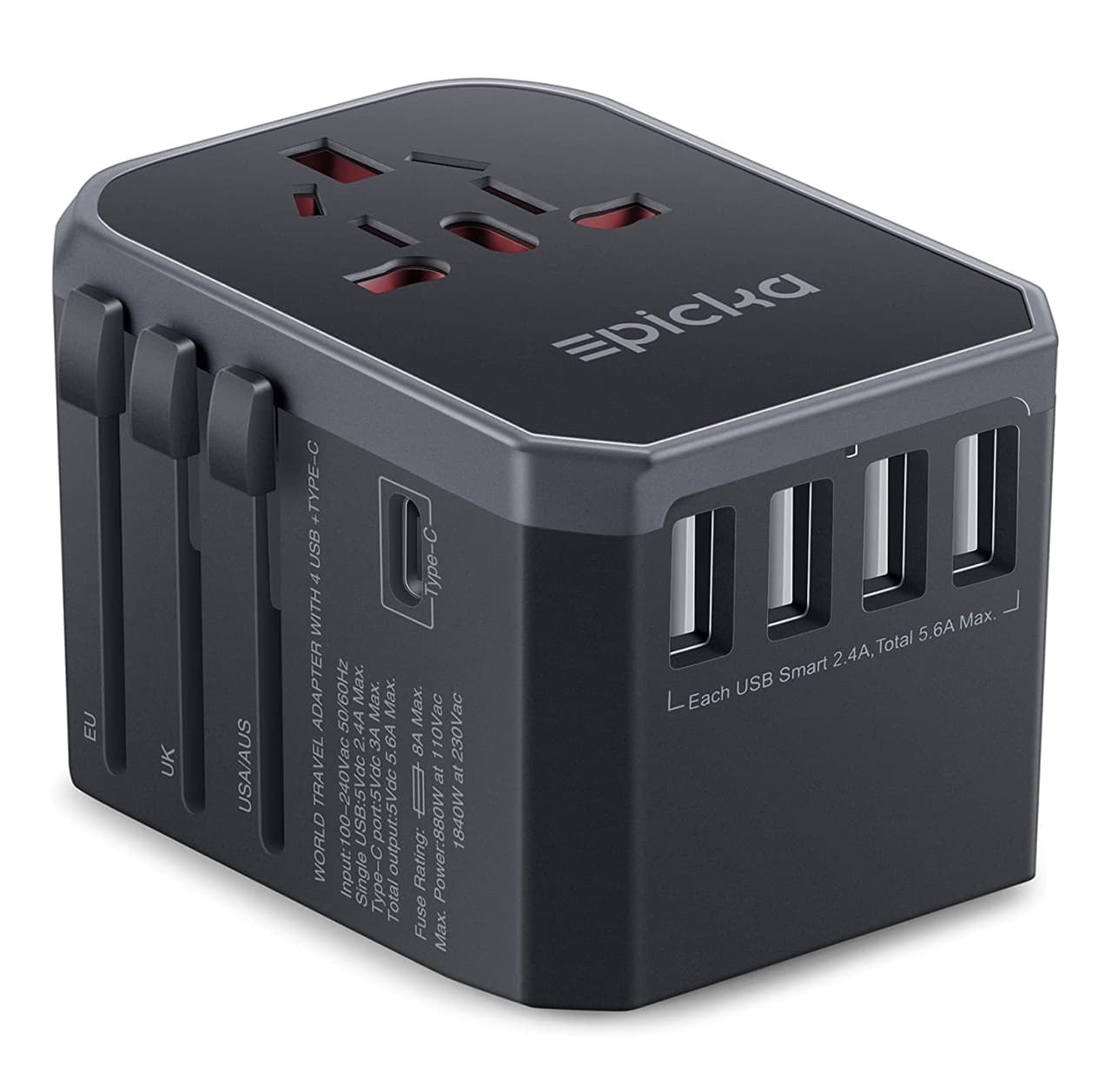 Universal travel adapter with EU/USA/UK/AUS plugs and 2 USB ports and 3  Type-C
