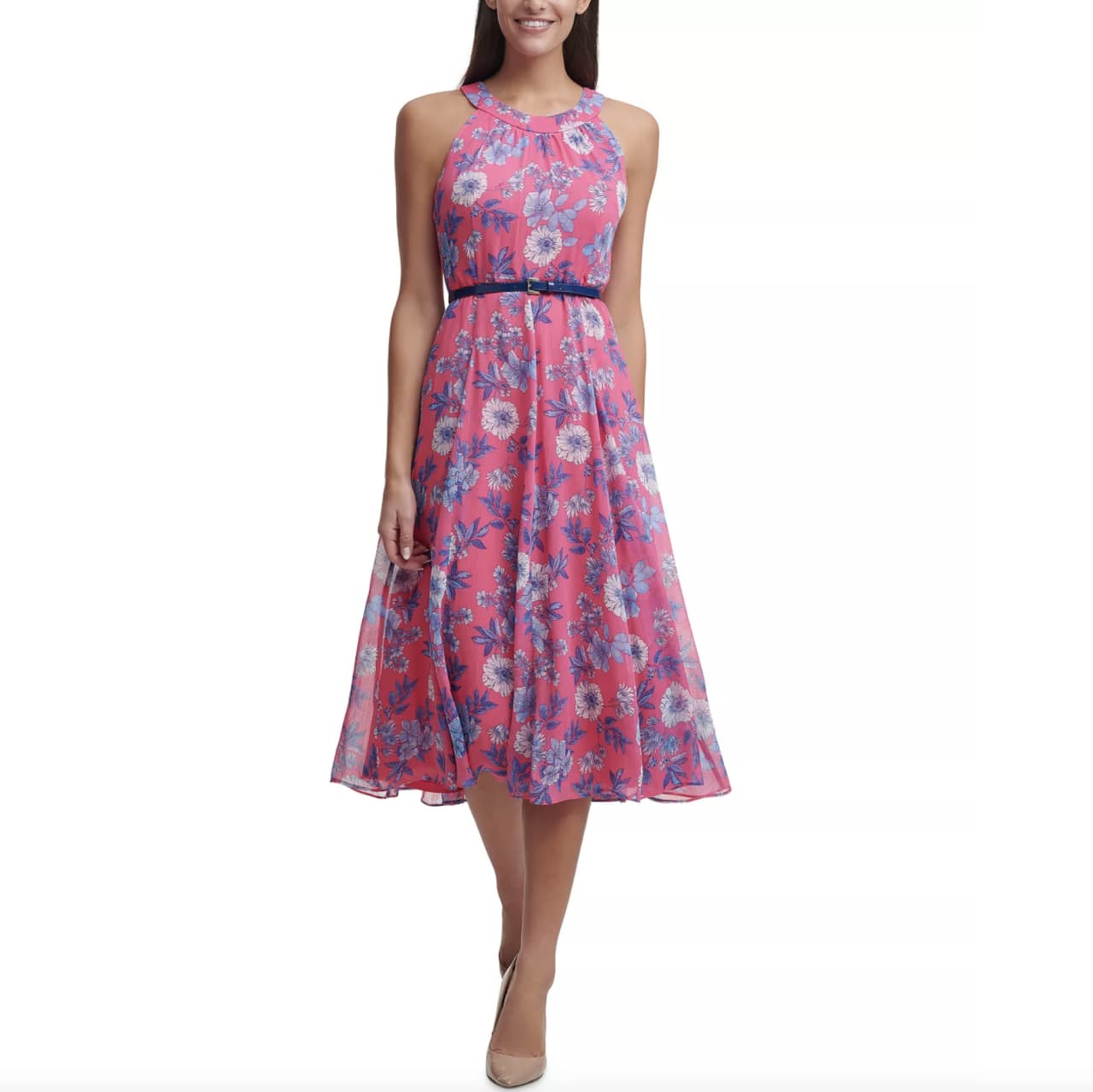 Floral-Chiffon Belted Midi Dress